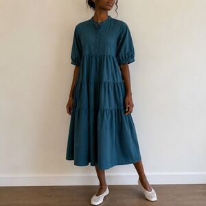 English Factory Teal Tiered Midi Dress Puff Sleeve XS Cottagecore Boho